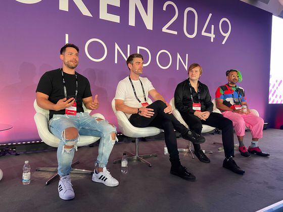Left to right: Element Finance founder Will Villanueva, Synthetix founder Kain Warwick, Aave founder Stani Kulechov and Gauntlet founder Tarun Chitra speak at 2021's Token2049 event in London. (Ian Allison/CoinDesk archives)