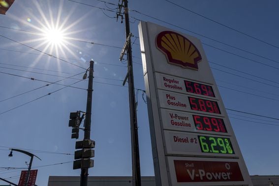 Signage displaying fuel prices at a Shell gas station in San Francisco, California, U.S., on Monday, March 7, 2022. The average price of gasoline in the U.S. jumped above $4 a gallon for the first time since 2008 in a clear sign of the energy inflation that's hurt consumers since Russia invaded Ukraine.