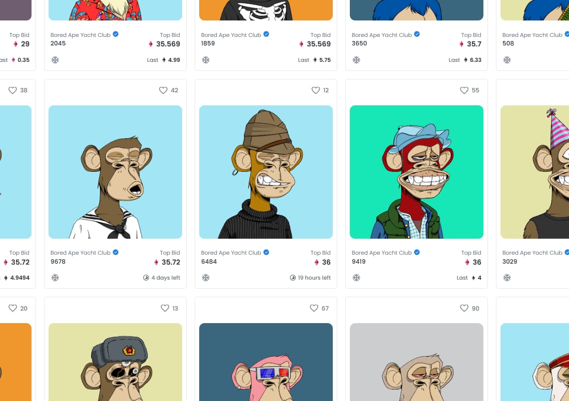 Une sélection de Bored Apes, l'une des séries d'avatars NFT les plus vendues.