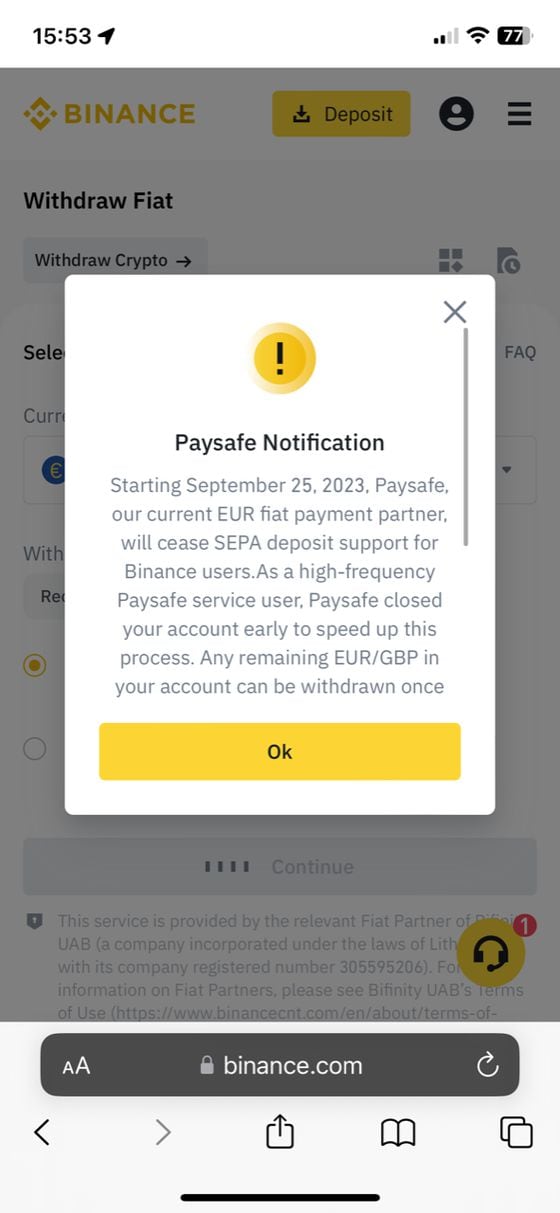 Screenshot of Paysafe relationship  reappraisal  notification. (Ervin Ursic Kovac)