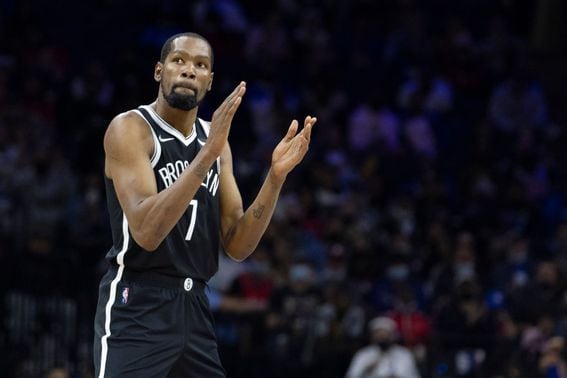 PHILADELPHIA, PA - OCTOBER 11: Kevin Durant #7 of the Brooklyn Nets reacts against the Philadelphia 76ers at the Wells Fargo Center on October 11, 2021 in Philadelphia, Pennsylvania. NOTE TO USER: User expressly acknowledges and agrees that, by downloading and or using this photograph, User is consenting to the terms and conditions of the Getty Images License Agreement. (Photo by Mitchell Leff/Getty Images)