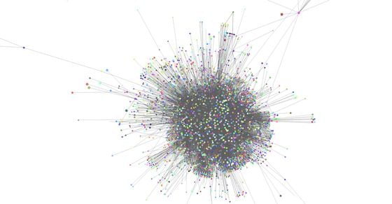 Grants Round 8 Preference Map: Each node in this graph is a contributor or a grant, and each edge is a transaction that funds the grant.