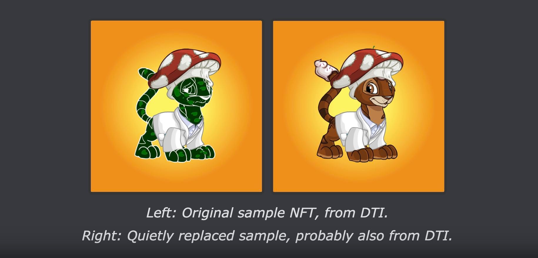 A screenshot from Neopets fansite Jellyneo, showing the sample NFT fans believe used art from a fan-made art generator without permission. (Jellyneo.net)