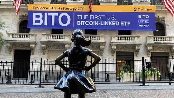 New York Stock Exchange with banner flagging ProShares Bitcoin Strategy ETF on the day it started trading.