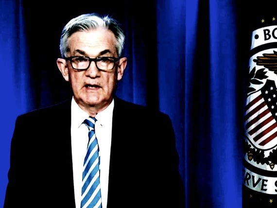 Federal Reserve Chair Jerome Powell speaks Wednesday at a press conference. (Federal Reserve, modified by CoinDesk)