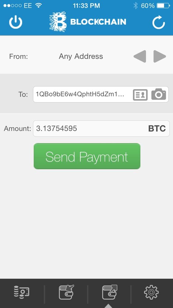 Blockchain iOS wallet - send page