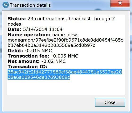  The Monegraph transaction inside the namecoin client, linked to the block chain.