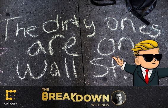 Photo of sidewalk with “the dirty ones are on wall st.” written in chalk, and WallStreetBets character illustration.