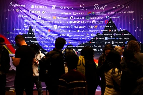 DENVER, CO - FEBRUARY 18: ETHDenver sponsors are listed on a banner on February 18, 2022 in Denver, Colorado. ETHDenver is the largest and longest running Ethereum Blockchain event in the world with more than 15,000 cryptocurrency devotees attending the weeklong meetup.