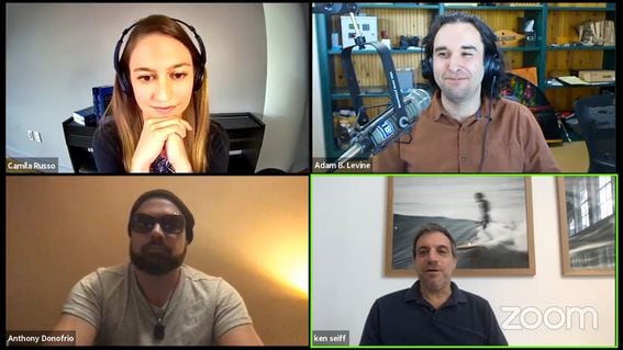 Camila Russo, Adam Levine, Ken Seiff and Anthony D’Onofrio (clockwise from upper left) discuss Ethereum's early days on CoinDesk Live. (Screenshot)