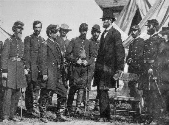 President Abraham Lincoln with General George B. McClellan at his headquarters at Antietam, Oct. 3, 1862. 