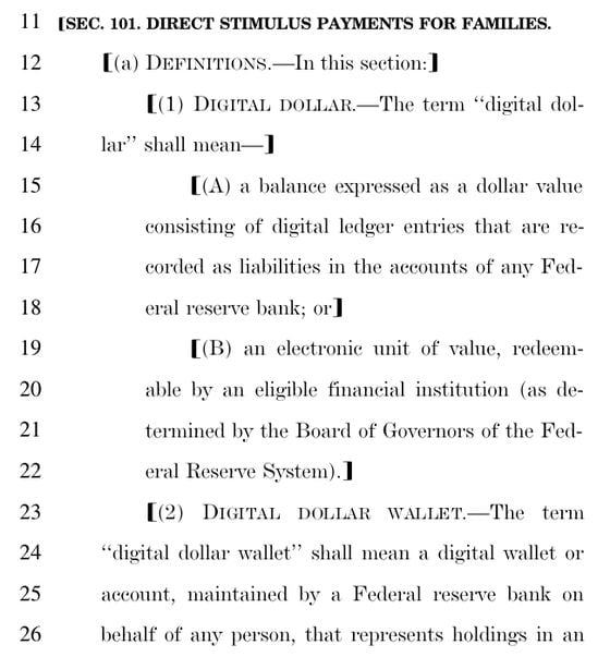 Scrapped wording in the legislative proposal for the digital dollar proposed in March as part of what ultimately became the CARES Act.