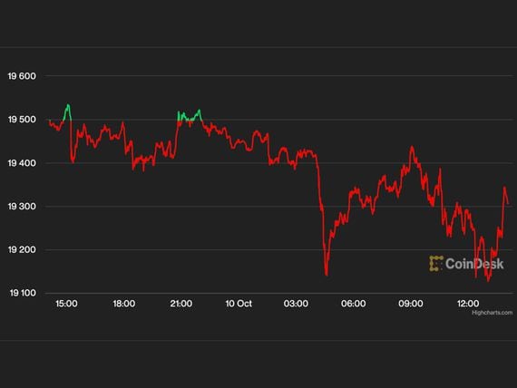 Chart of bitcoin's price over past 24 hours shows slight drop toward the mid-$19,000s. (CoinDesk)