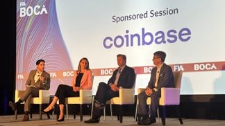 Panelists at FIA Boca 2023 (left to right): Coinbase Senior Institutional Strategist John D'Agostino, Coinbase Associate General Council Julia Huechel, a16z Head of Policy Brian Quintenz, CoinFund President Chris Perkins (Tracy Wang/CoinDesk)