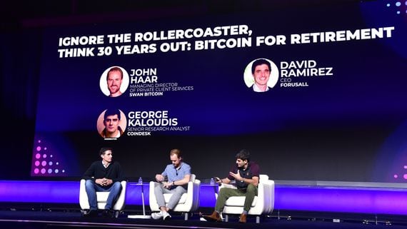 Left to right: David Ramirez, ForUsAll; John Haar, Swan Bitcoin; and George Kaloudis, senior research analyst, CoinDesk (Shutterstock/CoinDesk)