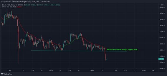 Bitcoin broke below the $46,000 support level on Wednesday. (TradingView)