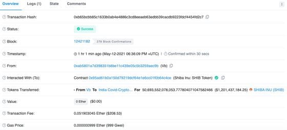 Blockchain record showing transfer of SHIB tokens to an Indian COVID relief fund.