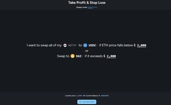 Screenshot of Intentable.io user interface showing a sample interaction of the Take Profit & Stop Loss feature with the intent functionality (Intentable.io)