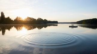 Lake and circular pattern on water surface at sunrise in summer
