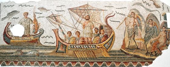 Mosaic of Ulysses tied to the mast of a ship to resist the songs of the Sirens.