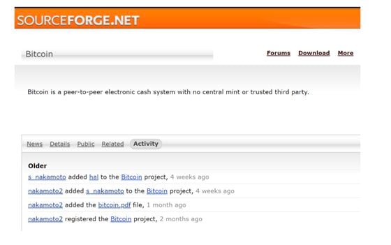 Bitcoin’s Sourceforge page, as captured by the Wayback Machine on Jan. 6, 2009.
