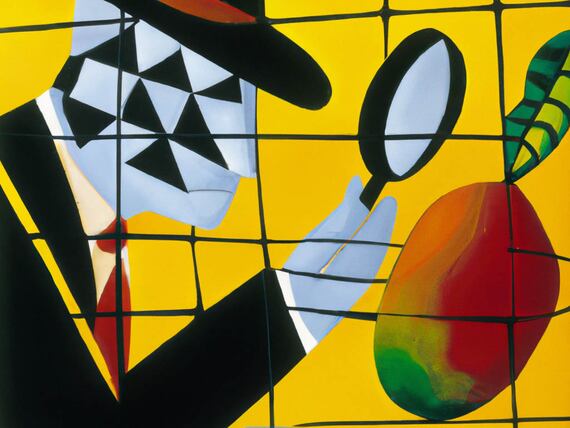 A cubist painting of a federal agent inspecting a mango with a magnifying glass (DALL-E)