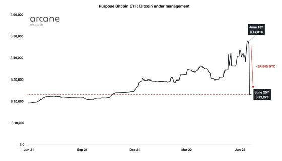 The Purpose Bitcoin ETF saw an outflow of 24,510 BTC last Friday, losing half of its assets under management in a day. (Arcane Research)