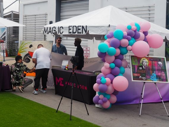 Magic Eden's booth at the Solana Hacker House in Miami, April 2022. (Danny Nelson/CoinDesk)
