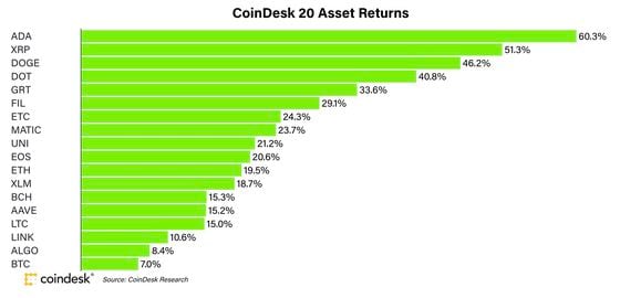 Chart shows returns across the CoinDesk 20 so far this month.