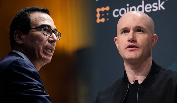 U.S. Treasury Secretary Steven Mnuchin, left, could be "planning to rush out some new regulation regarding self-hosted crypto wallets before the end of his term," tweeted Coinbase CEO Brian Armstrong. 
