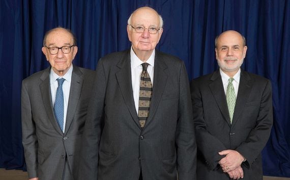 Former Fed Chairman Paul Volcker (center) with successors Alan Greenspan (left) and Ben Bernanke. (Credit: Federal Reserve)