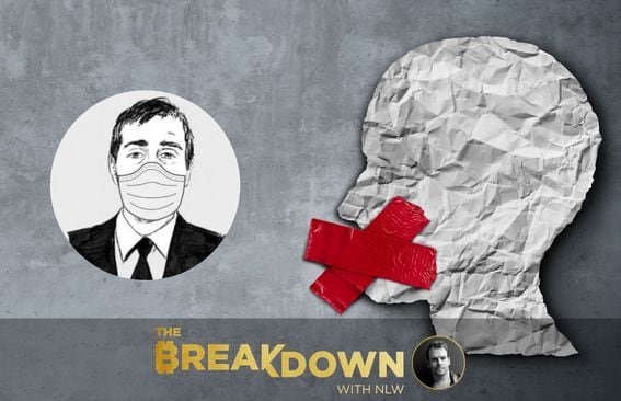 Artistic “cancel culture” concept showing a wrinkled paper head silhouette with red tape over the mouth, and an inset photo of today’s guest Balaji Srinivasan.