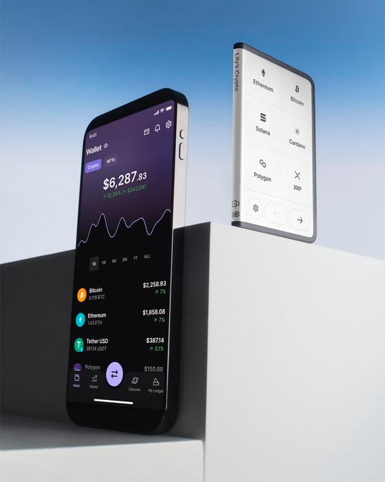 The Stax wallet uses Bluetooth to connect to Ledger's mobile app on a smartphone. (Ledger)