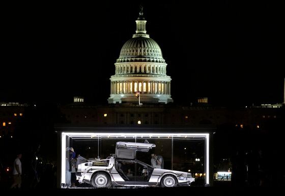 The 1981 DeLorean DMC-12 from the "Back to the Future" movie series is displayed on the National Mall in 2021 as part of the annual Cars at the Capitol exhibit. (Kevin Dietsch/Getty Images)