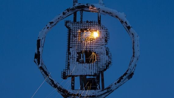 Bitcoin sculpture made from scrap metal outside the BitCluster mining farm in Norilsk, Russia. (BitCluster)