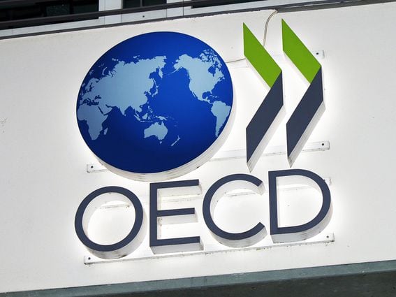 OECD logo of a globe, two chevrons and the letters OECD on display