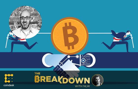 Two illustrated figures are in a tug-of-war over the bitcoin symbol and stand upon a human arm on one side and a digital one on the other as NLW discusses crypto’s fight and relevance in politics with Jake Chervinsky.