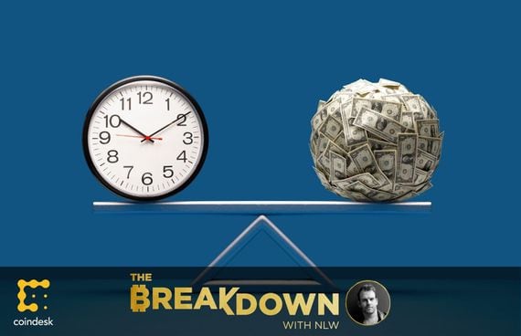 Image of a scale with a clock on one side and a big ball of dollar bills on the other, as today’s “Long Reads Sunday” is Why Time Is the Ultimate Scarce Asset - readings from two crypto VCs.
