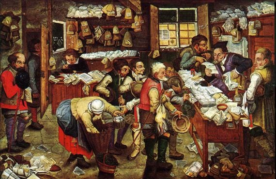 "Paying the Tax (The Tax Collector)" by Pieter Brueghel the Younger, ca. 1620, image via USC Fisher Museum of Art/Wikimedia Commons 