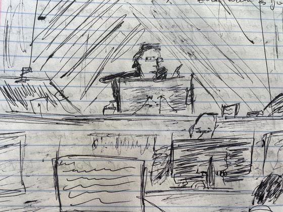 A sketch of Judge Lewis Kaplan on the day jurors began deliberating Sam Bankman-Fried's fate (Danny Nelson/CoinDesk)