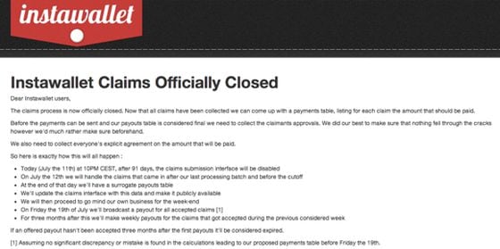  Claims closure announcement on Instawallet homepage