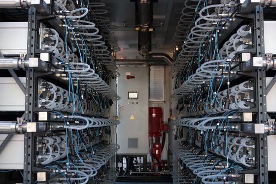 Bitmain Antminer S19 Hydro mining rigs, the company's latest technology, installed at a Merkle Standard facility in Washington state. (Eliza Gkritsi/CoinDesk)