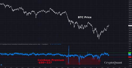 Coinbase premium (lower chart, in blue), plotted versus bitcoin's price.