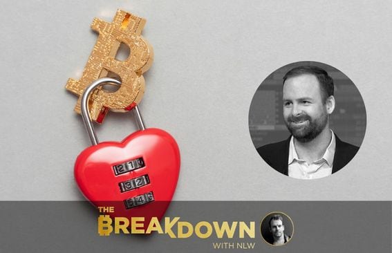 Metal Bitcoin symbol with heart-shaped combination lock attached to it, and inset photo of Messari’s Ryan Selkis.