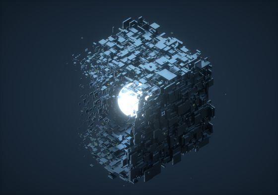 Digital generated image of Big cubic shape made out of small black cubes transforming into glowing sphere on dark blue background, representing how BIP 119 CTV could change Bitcoin.