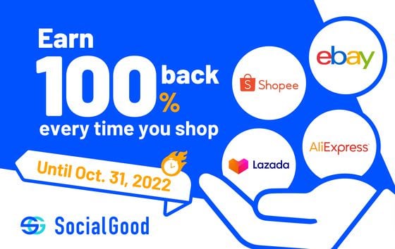 Shoppers earn 100% back of what they spend at eBay, AliExpress, Best Buy, Walmart, Microsoft, Booking.com, Shopee, Lazada, Flipkart and more.
