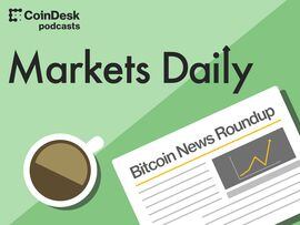 Illustration for the Markets Daily podcast including the title of the podcast and looking down from above on a cup of coffee and a newspaper with the title "Bitcoin News Roundup."