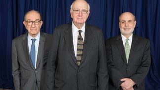 Former Fed Chairman Paul Volcker (center) with successors Alan Greenspan (left) and Ben Bernanke. (Credit: Federal Reserve)