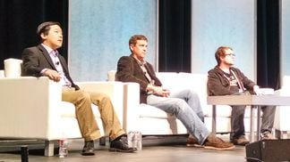 Charlie Lee (LTC), Paul Vernon and Jackson Palmer (DOGE) answering questions at CoinSummit's altcoin panel (Credit: CoinDesk archives)