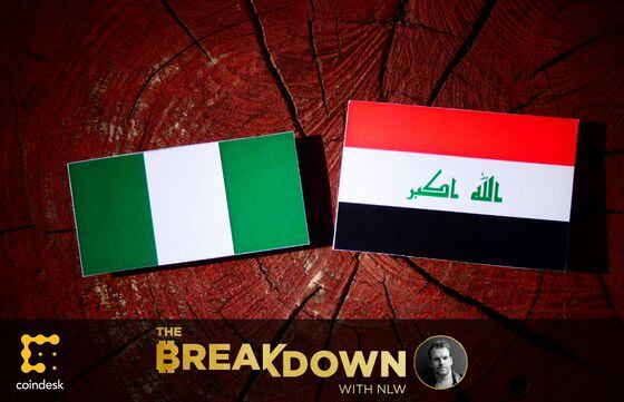 The Nigerian flag is pictured alongside the Iraqi flag as NLW discusses how Bitcoin can impact the two countries.